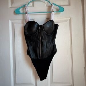 New Maniere De Voir White/Black Vegan Leather Bodysuit